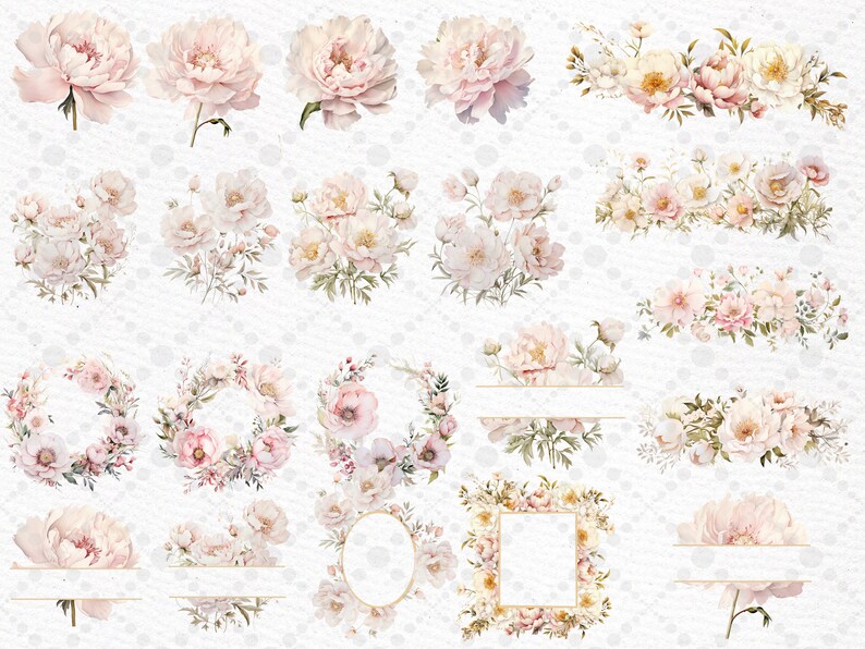 May include: A set of 16 watercolor floral illustrations featuring pink and white peonies, roses, and greenery. The illustrations include wreaths, borders, and single flowers.