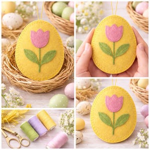 Könnte beinhalten: Gelbes Osterei-Ornament aus Filz mit einer rosa Tulpe und grünen Blättern. Das Ei ist mit gelbem Faden genäht und hat eine gelbe Schnur zum Aufhängen. Das Ornament ist von Ostereiern und Blumen umgeben.