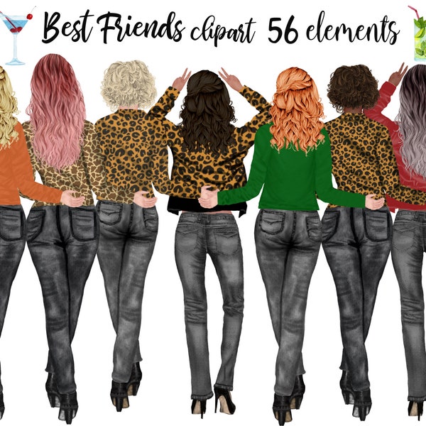 Best Friends Clipart: "ANIMAL PRINT GIRLS" Bff clipart  Customizable clipart Leopard print Soul Sisters Bridesmaid gift Mug design Girl Png