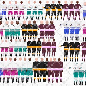 Op de afbeelding: Een digitale illustratie van een groep mensen die hockeytruien dragen in verschillende kleuren en ontwerpen. De mensen staan in rijen, met hun armen om elkaar heen. Ze dragen allemaal een witte broek en zwarte schaatsen.
