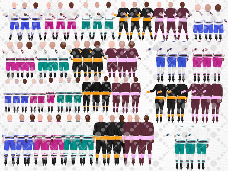Op de afbeelding: Een digitale illustratie van een groep mensen die hockeytruien dragen in verschillende kleuren en ontwerpen. De mensen staan in rijen, met hun armen om elkaar heen. Ze dragen allemaal een witte broek en zwarte schaatsen.