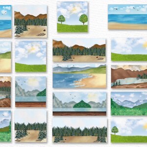 May include: A collection of digital backgrounds featuring various landscapes, including mountains, forests, beaches, and lakes. The backgrounds are painted in a watercolor style with soft, muted colors.