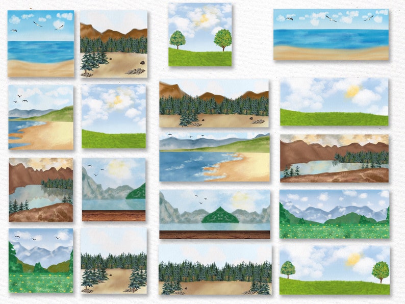 May include: A collection of digital backgrounds featuring various landscapes, including mountains, forests, beaches, and lakes. The backgrounds are painted in a watercolor style with soft, muted colors.