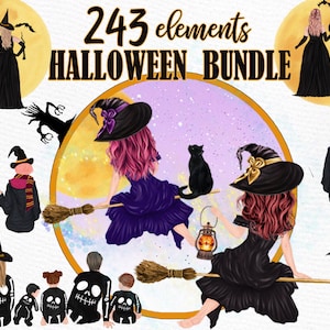 Clipart d’Halloween : « HALLOWEEN BUNDLE CLIPART » Flying Witches clipart Halloween Mug Witch hat Plus size girls Wizard Girls Pod sublimations