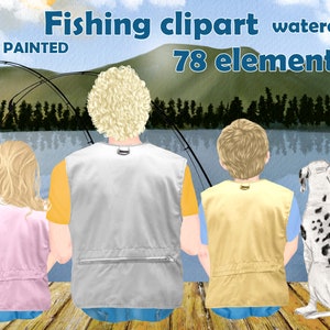 Clipart de pesca: "PESCA FAMILIAR" Clipart del día del padre Papá e hijos perro de pesca Png Paisaje del lago Padre e hijo Cliparte personalizable