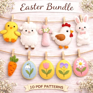 Easter Felt Sewing Pattern Bundle | PDF DIY Ornament Patterns | Bunny Chick Lamb Egg Decorations | Spring Handmade Crafts