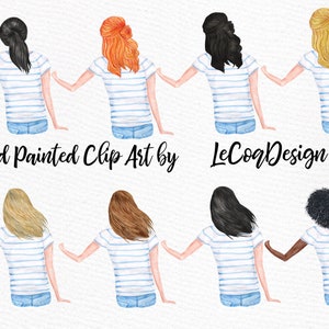 May include: Eight watercolor illustrations of women with different hairstyles wearing blue and white striped shirts and blue jeans. The women are facing away from the viewer and are holding hands. The illustrations are hand-painted and are perfect for use in digital scrapbooking, card making, and other craft projects.