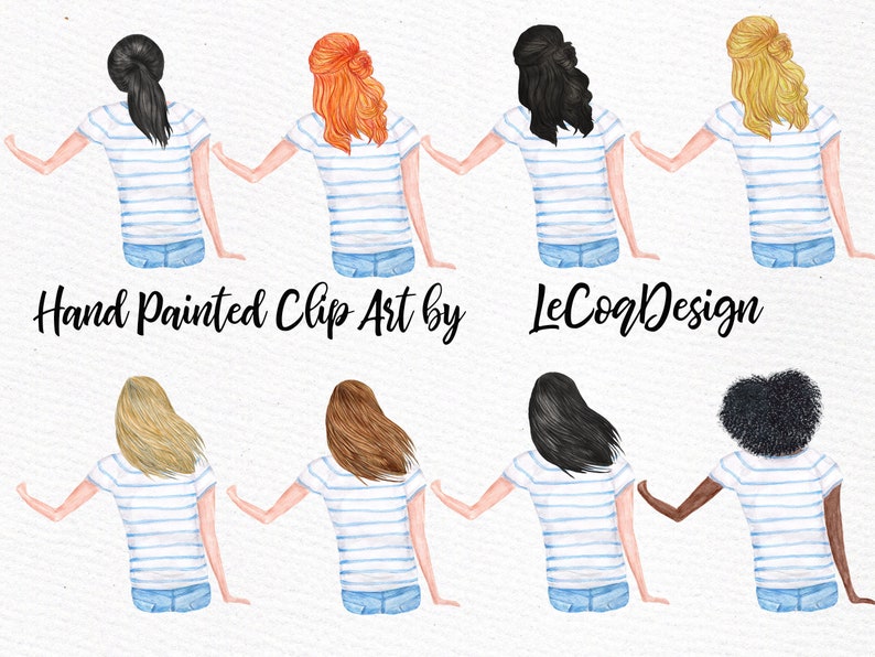 May include: Eight watercolor illustrations of women with different hairstyles wearing blue and white striped shirts and blue jeans. The women are facing away from the viewer and are holding hands. The illustrations are hand-painted and are perfect for use in digital scrapbooking, card making, and other craft projects.