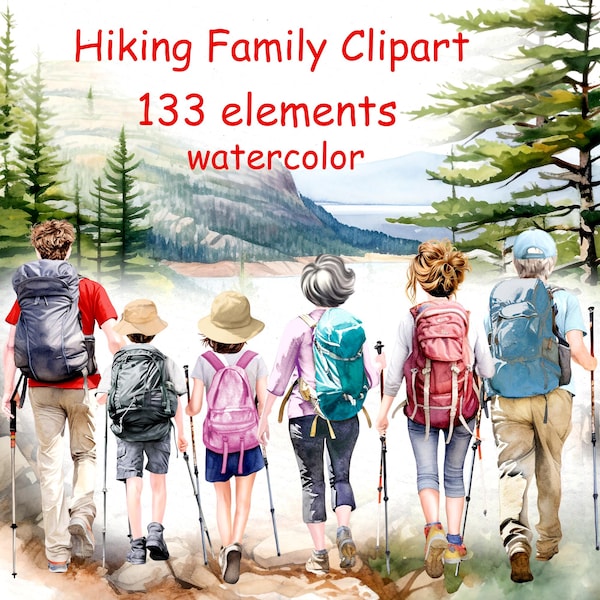 Family Hiking Clipart: Watercolor Adventure Graphics (133 PNG Files)