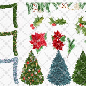 May include: A set of watercolor illustrations featuring Christmas decorations, including wreaths, garlands, poinsettias, holly, pine branches, and Christmas trees. The illustrations are painted in a realistic style with a white background.