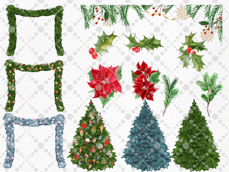 May include: A set of watercolor illustrations featuring Christmas decorations, including wreaths, garlands, poinsettias, holly, pine branches, and Christmas trees. The illustrations are painted in a realistic style with a white background.