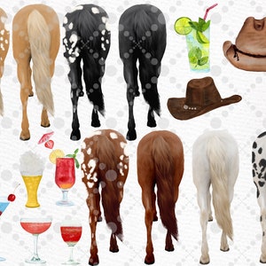 May include: A digital illustration of eight horse rear ends in various colors and patterns, including brown, black, white, and spotted. The horses are facing away from the viewer. There are also several watercolor illustrations of cocktails and cowboy hats.