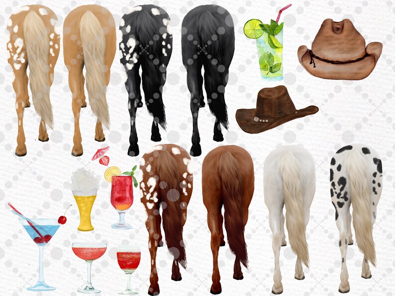 May include: A digital illustration of eight horse rear ends in various colors and patterns, including brown, black, white, and spotted. The horses are facing away from the viewer. There are also several watercolor illustrations of cocktails and cowboy hats.