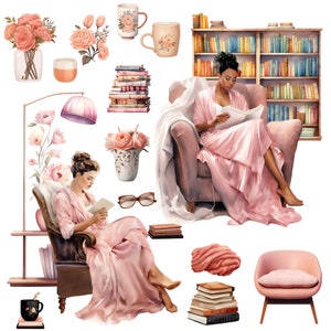 Bundle de cliparts rat de bibliothèque : « BOOK LOVER CLIPART » aquarelle rat de bibliothèque Clipart fille avec livre Png graphiques confortables étagère Png clipart esthétique