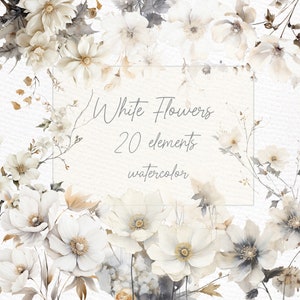 Weiße Blumen Clipart: "WASSERFARBE WEISSE BLUMEN" WhiteWild Blumen Rustikale weiße Blumen Floral Borders Vorgefertigte Clipart Hochzeit Clipart