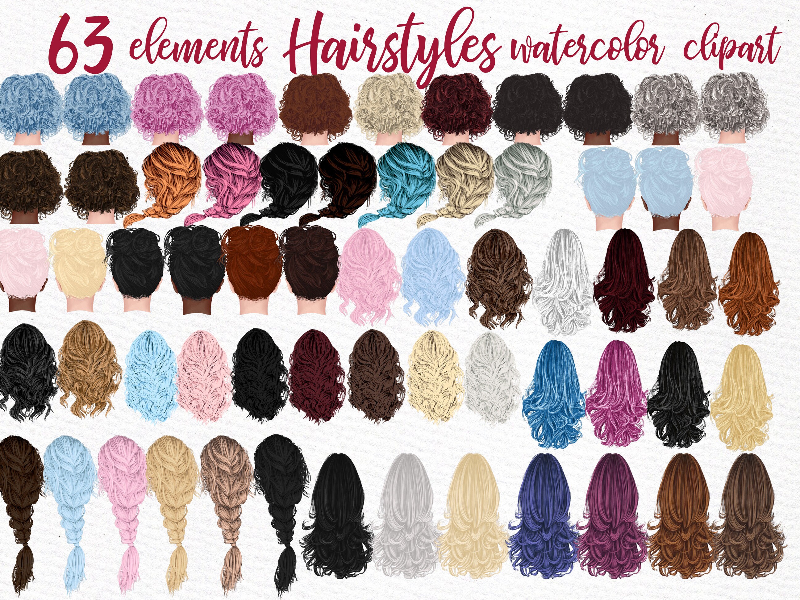 Hairstyles clipart: "GIRLS CLIPART" Custom hairstyles Long hair Girls hair clipart Planner Clipart Fashion hairstyles Black Hair Clipart