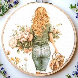 Girl with flowers cross stitch pattern Pdf: &quot;GIRL CROSS STITCH&quot; Flower Cross Stitch Pattern Girl Cross Stitch Women and flowers cross stitch