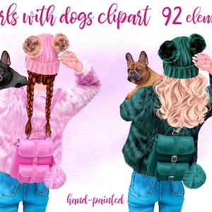 Meisjes clipart: "MEISJE MET HOND" Hond minnaar clipart Hond moeder clipart Huisdier clipart Aquarel meisjes Aangepaste honden Hond Mok ontwerp Sublimatie ontwerpen