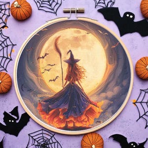 Witch Cross Stitch Pattern Pdf: &quot;HALLOWEEN CROSS STITCH&quot; Full Moon Cross Stitch Halloween Embroidery Modern Witch Needlepoint Punto de Cruz