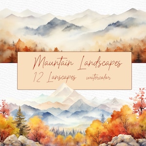 Clipart de montaña en acuarela: Escenas de bosque otoñal (Descarga digital)