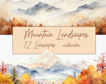 Watercolor Mountain Clipart: Autumn Forest Scenes (Digital Download)