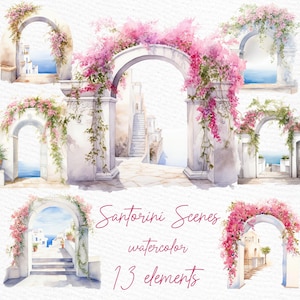 Clipart aquarelle de Santorin, Grèce : « CLIPART DE L'ARCHE FLORAL » clipart été cadre floral clipart vacances romantiques png clipart floral d'été