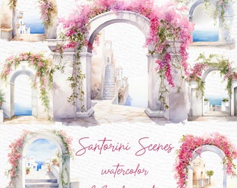 Santorini bloemenboog aquarel clipart: zomervakantie (PNG)