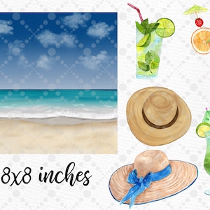 May include: A watercolour illustration of a beach scene with a blue sky, white clouds, turquoise water, and a sandy beach. There are also illustrations of two straw hats, a green cocktail with a lime wedge, a red cocktail with a cherry, and a green cocktail with a lime wedge and a straw.