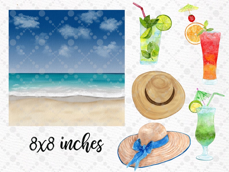 May include: A watercolour illustration of a beach scene with a blue sky, white clouds, turquoise water, and a sandy beach. There are also illustrations of two straw hats, a green cocktail with a lime wedge, a red cocktail with a cherry, and a green cocktail with a lime wedge and a straw.