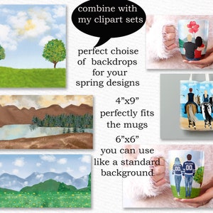 May include: Three digital illustrations of spring landscapes with blue skies, green grass, and mountains. The illustrations are perfect for use as backdrops for mugs, tote bags, and other spring designs. The illustrations are 4 inches by 9 inches and 6 inches by 6 inches.