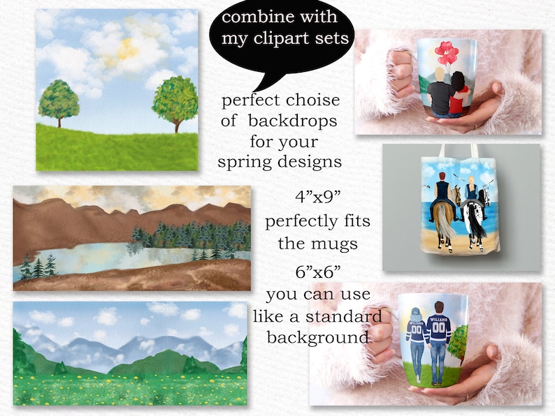 May include: Three digital illustrations of spring landscapes with blue skies, green grass, and mountains. The illustrations are perfect for use as backdrops for mugs, tote bags, and other spring designs. The illustrations are 4 inches by 9 inches and 6 inches by 6 inches.