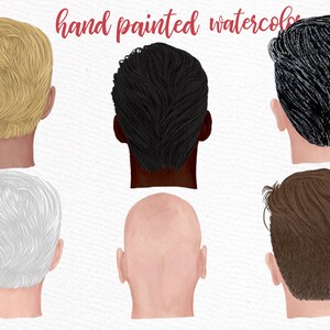 May include: Six watercolor illustrations of different hairstyles for men, viewed from the back. The hairstyles include blonde, black, gray, bald, and brown.