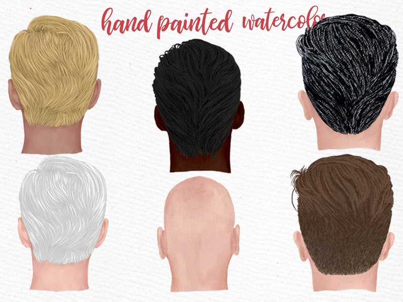 May include: Six watercolor illustrations of different hairstyles for men, viewed from the back. The hairstyles include blonde, black, gray, bald, and brown.