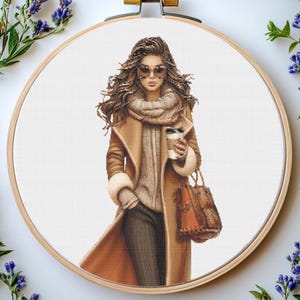 Girl with Coffee Cross Stitch Pattern: Fashion Woman PDF (Beginner to Intermediate)
