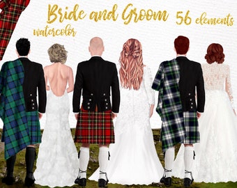 Wedding clipart: "MEN IN KILTS" Bride and Groom Scottish wedding Wedding illustrations Watercolor wedding Save the date Wedding invites