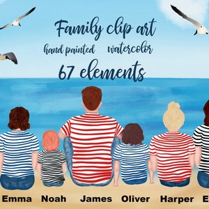 Clipart de família: "PEOPLE CLIPART" Pessoas sentadas Praia Paisagem Pai Mãe Crianças Aquarela Pessoas Irmãos clipart Desenhos de canecas de família
