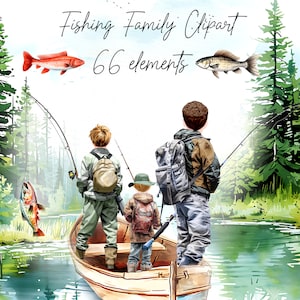 Clipart de pesca: "PADRE HIJO PESCA" Pesca desde el barco Papá y niño pescando Paisaje del lago Clipart personalizable Pesca familiar al aire libre