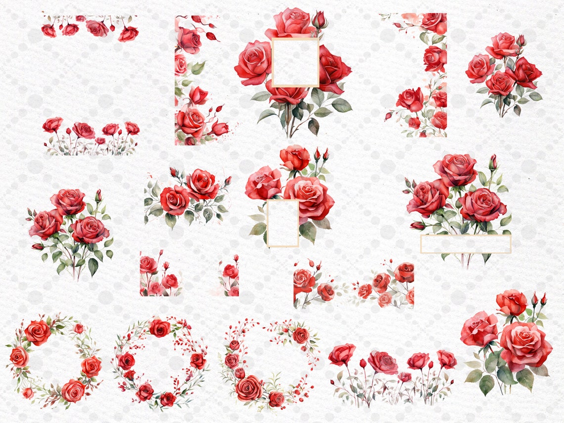 Watercolor Red Roses Clipart: Floral Wreaths & Borders (PNG) - Etsy