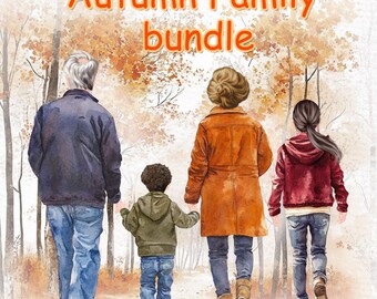 Grandparents Clipart Bundle: Fall Family Portrait, Autumn Scenery (PNG)