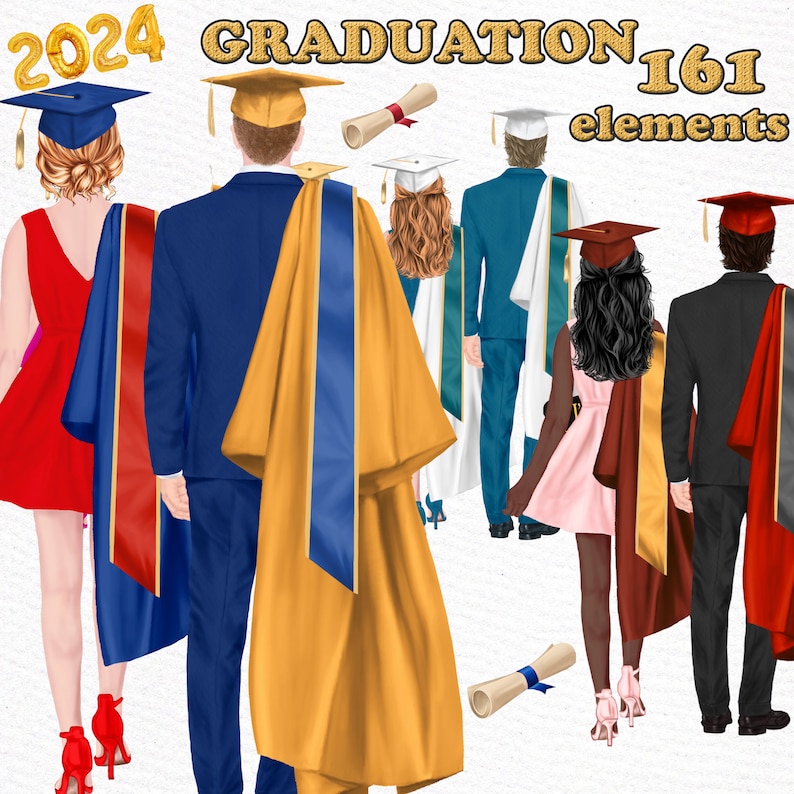 Graduation Clipart: GRADUATING STUDENTS Graduate Congrats Graduation Toga Hat White Grad gowns Grad College Senior Male Female Students image 1