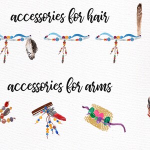 May include: A set of watercolor illustrations of bohemian style hair and arm accessories. The hair accessories include beaded headbands with feathers and the arm accessories include beaded bracelets with feathers.