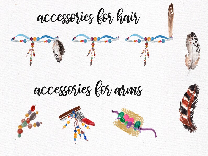 May include: A set of watercolor illustrations of bohemian style hair and arm accessories. The hair accessories include beaded headbands with feathers and the arm accessories include beaded bracelets with feathers.