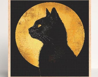 May include: A black cat silhouette with yellow eyes is set against a large, golden moon. The cat is looking to the left of the image.