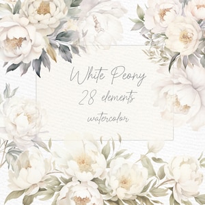 Weiße Blumen Clipart: "WASSERFARBE WEISSE BLUMEN" Weiße Pfingstrosen Clipart Rustikale weiße Blumen Florale Ränder Vorgefertigte Clipart Hochzeit Clipart