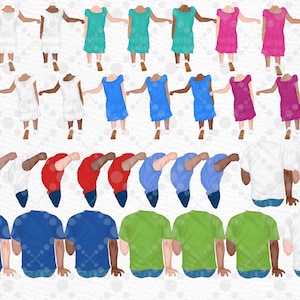 May include: A set of digital illustrations featuring people holding hands. The illustrations are in various colors, including white, blue, red, green, and pink. The people are wearing different outfits, including dresses, shirts, and pants. The illustrations are perfect for creating custom family portraits, greeting cards, or other creative projects.