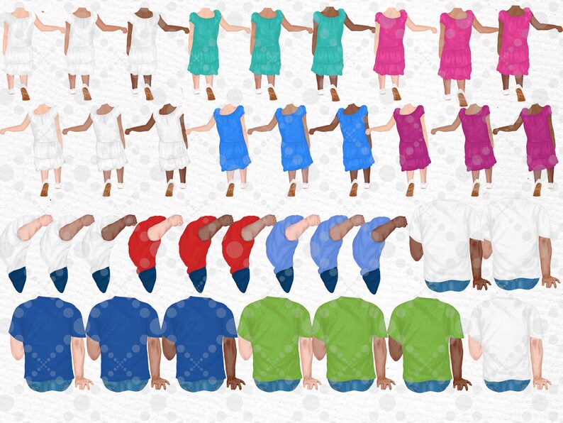 May include: A set of digital illustrations featuring people holding hands. The illustrations are in various colors, including white, blue, red, green, and pink. The people are wearing different outfits, including dresses, shirts, and pants. The illustrations are perfect for creating custom family portraits, greeting cards, or other creative projects.