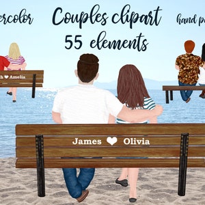 Parejas Clipart: "COUPLE ON BENCH" Custom Couples Bench clipart Male Clipart Girls Clipart Acuarela People Sitting Figures Beach landscape