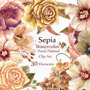 Aquarela floral Clipart: "FLORAL CLIP ART" Flores marrons sépia Clipart Aquarela flores elementos diy convite de casamento