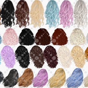 May include: A set of 30 digital illustrations of curly hair in various colors, including black, brown, blonde, red, pink, blue, and white. The hair is styled in a variety of ways, including long, short, and wavy.
