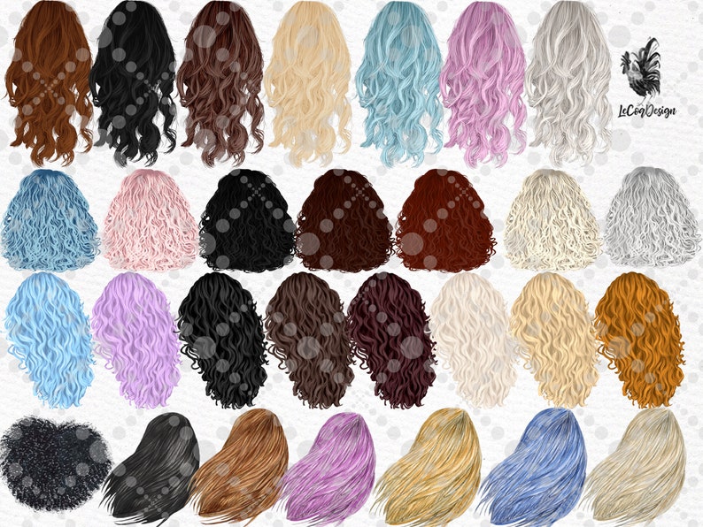 May include: A set of 30 digital illustrations of curly hair in various colors, including black, brown, blonde, red, pink, blue, and white. The hair is styled in a variety of ways, including long, short, and wavy.